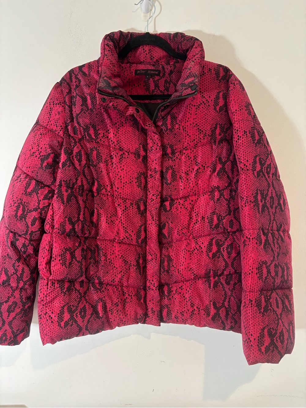 Betsy Johnson Women Size Large Pink Snake Print Puffer Jacket Winter Warm